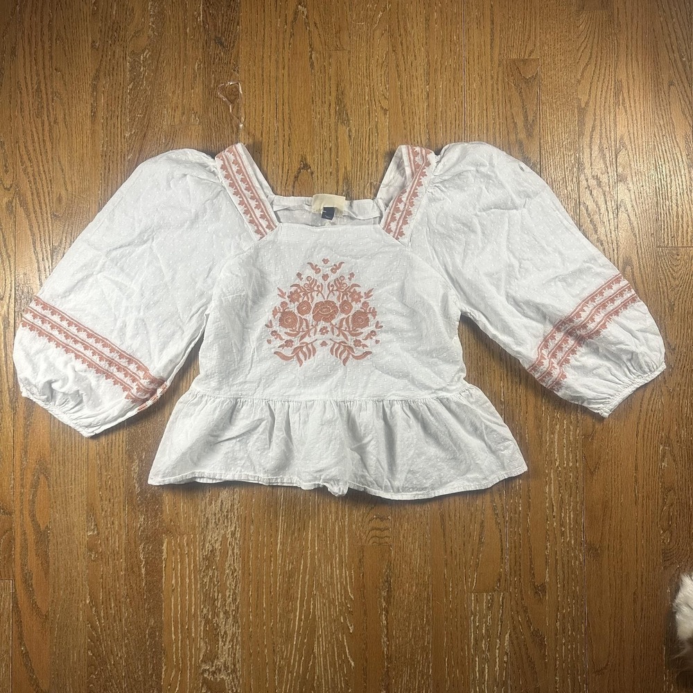 Universal Thread Blouse Womens Medium White Embroidered‎ Square Neck Peplum Boho
